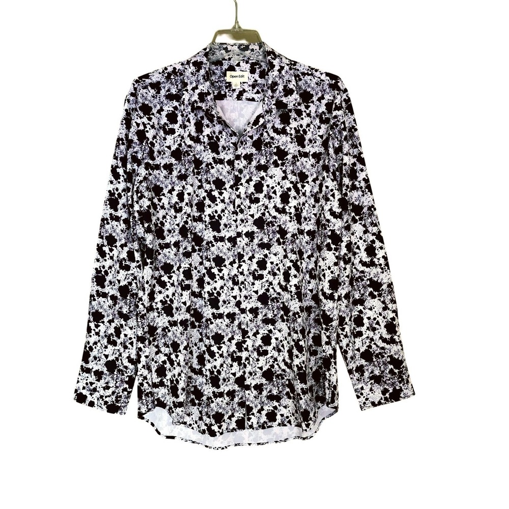 Open Edit Black Splatter Print Blouse L Button Front Minimalist Office Layer